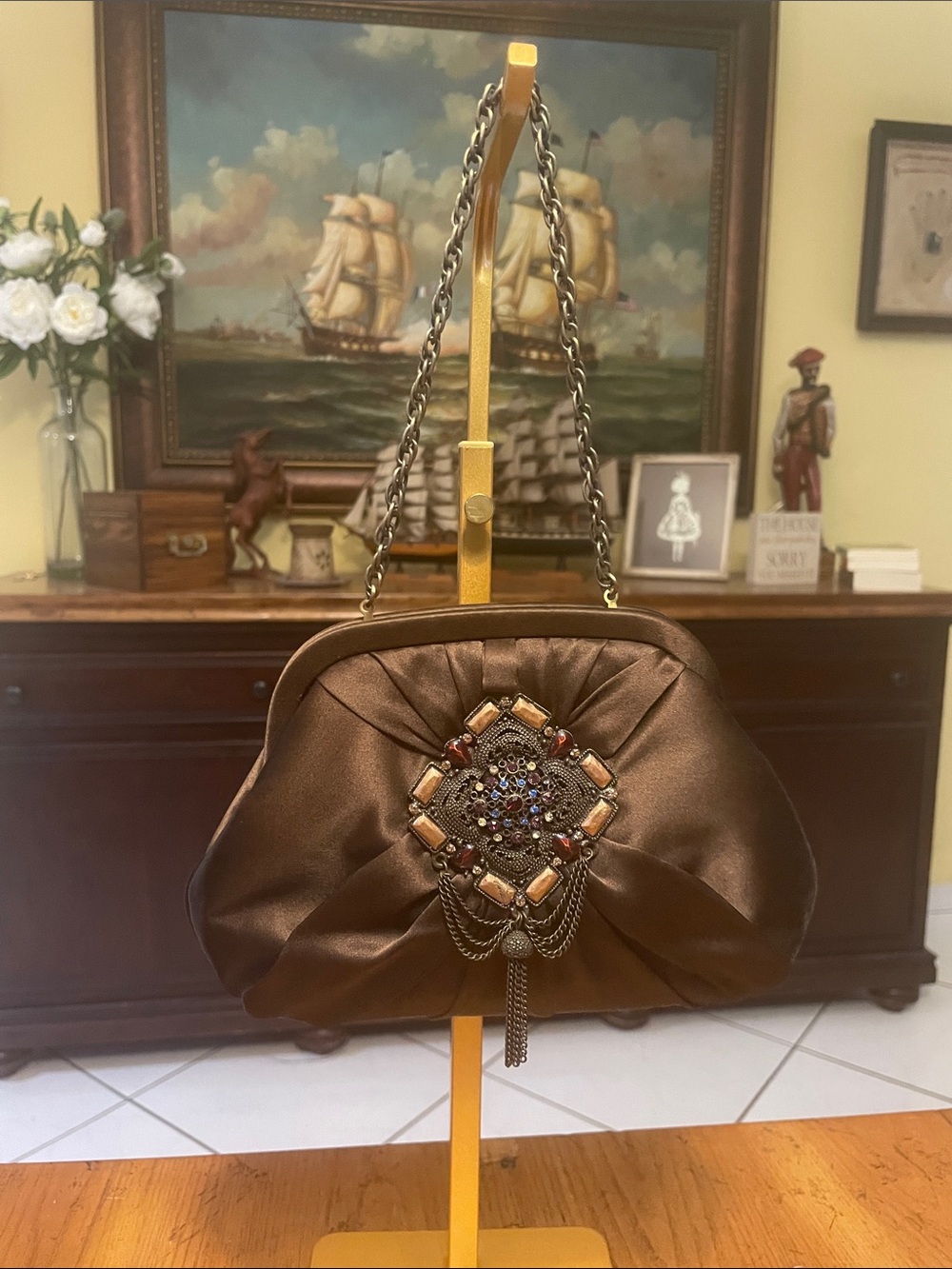 Embellished Brown Satin Evening Clutch with Chain Strap Inge Christopher